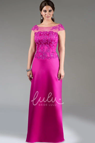 Satin Mother of the Bride Dress with Crystal Details Cap Sleeve Appliqued Top Long