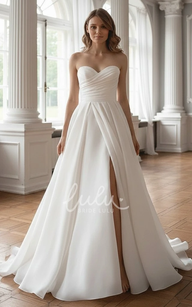 Strapless Sweetheart Chiffon A-Line Wedding Dress Front Split Pleated Bridal Gown