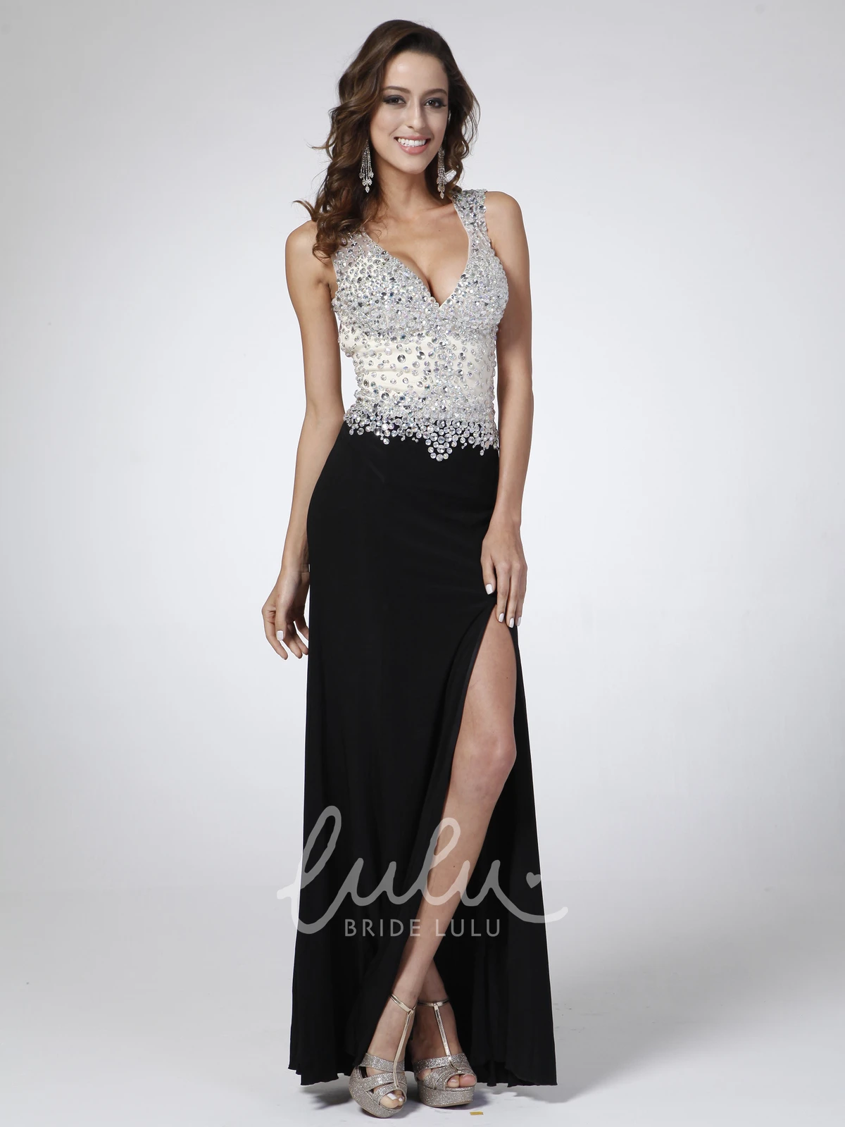 V-Neck Sleeveless Sheath Prom Dress with Beading and Split Front