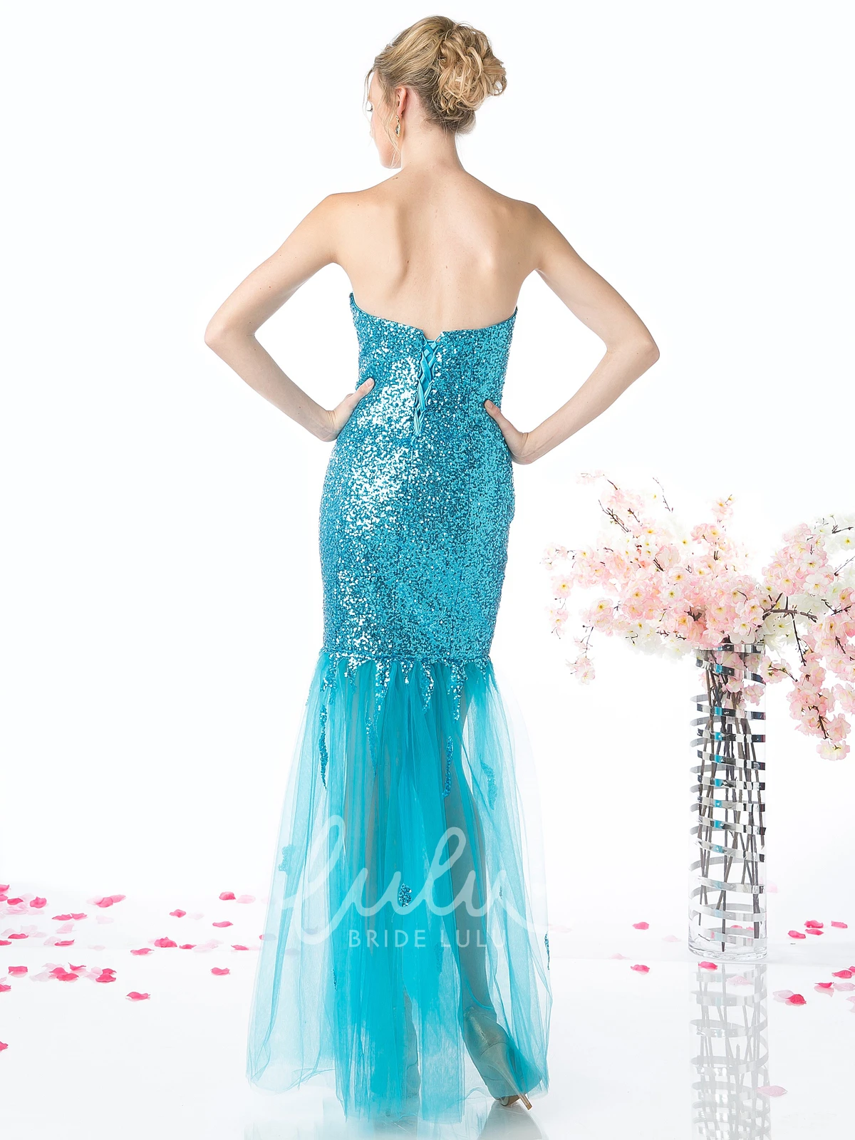 Strapless Sequins Tulle Backless Prom Dress with Beading Sheath Style