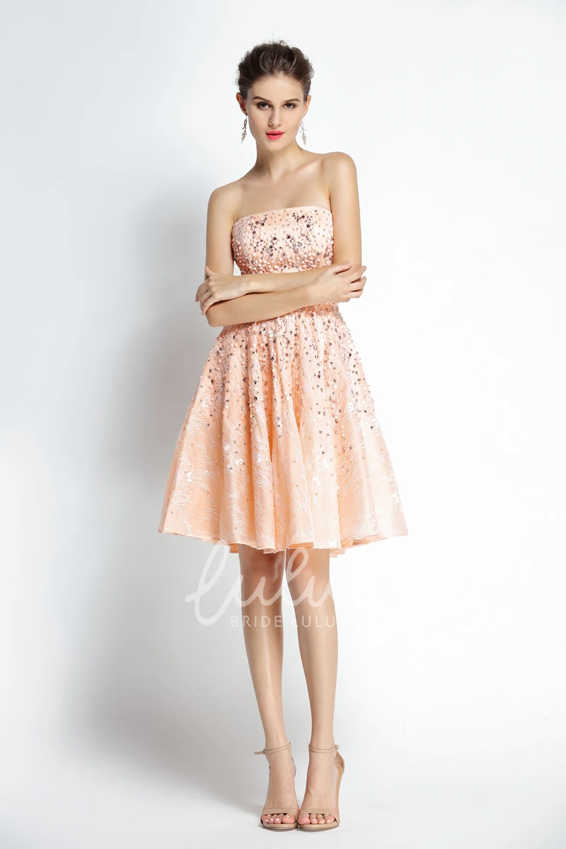 Lace Prom Dress with Beading A-Line Strapless Sleeveless Knee-length