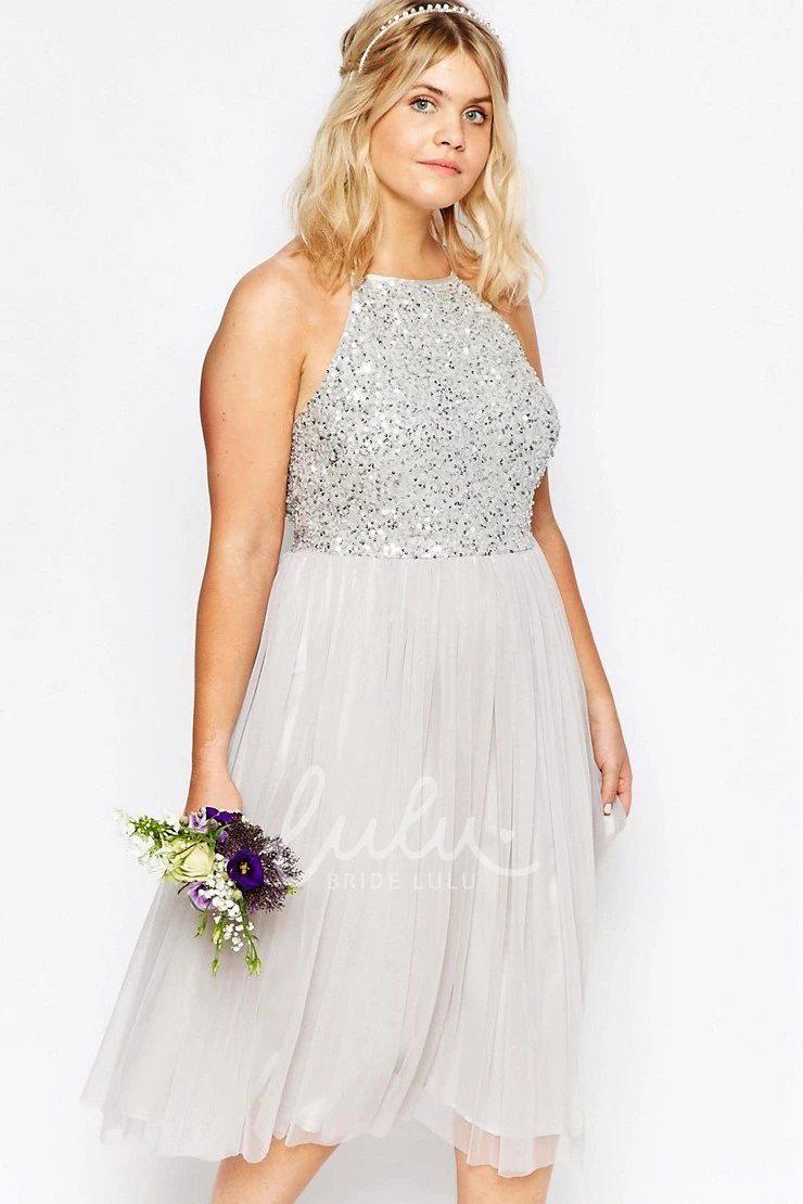 Sleeveless Sequined A-Line Tulle Bridesmaid Dress with Pleats Tea-Length