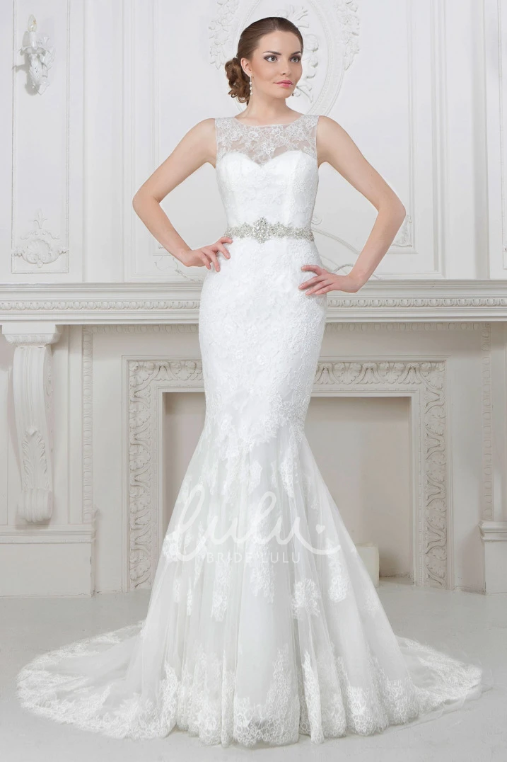 Sleeveless Satin Bateau-Neck Mermaid Wedding Dress with Waist Jewelry