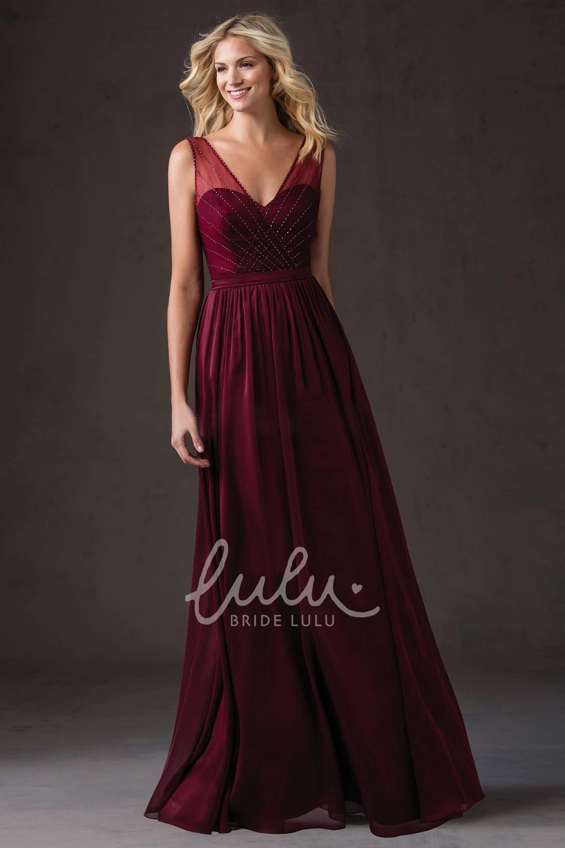 Long Sleeveless V-Neck Bridesmaid Dress with Illusion Style and Beadings