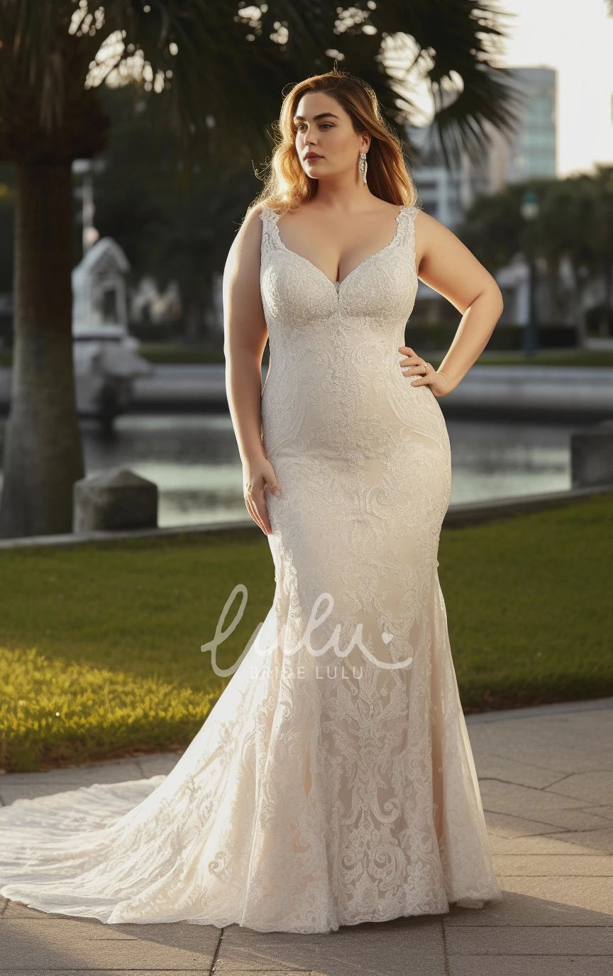 2025 Plus Size Mermaid Lace Tulle Wedding Dress Sleeveless Court Train Country Garden