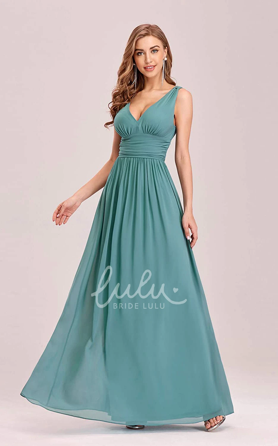 Romantic Chiffon V-neck A-line Prom Dress with Ruffles and Sleeveless Bridesmaid Dress