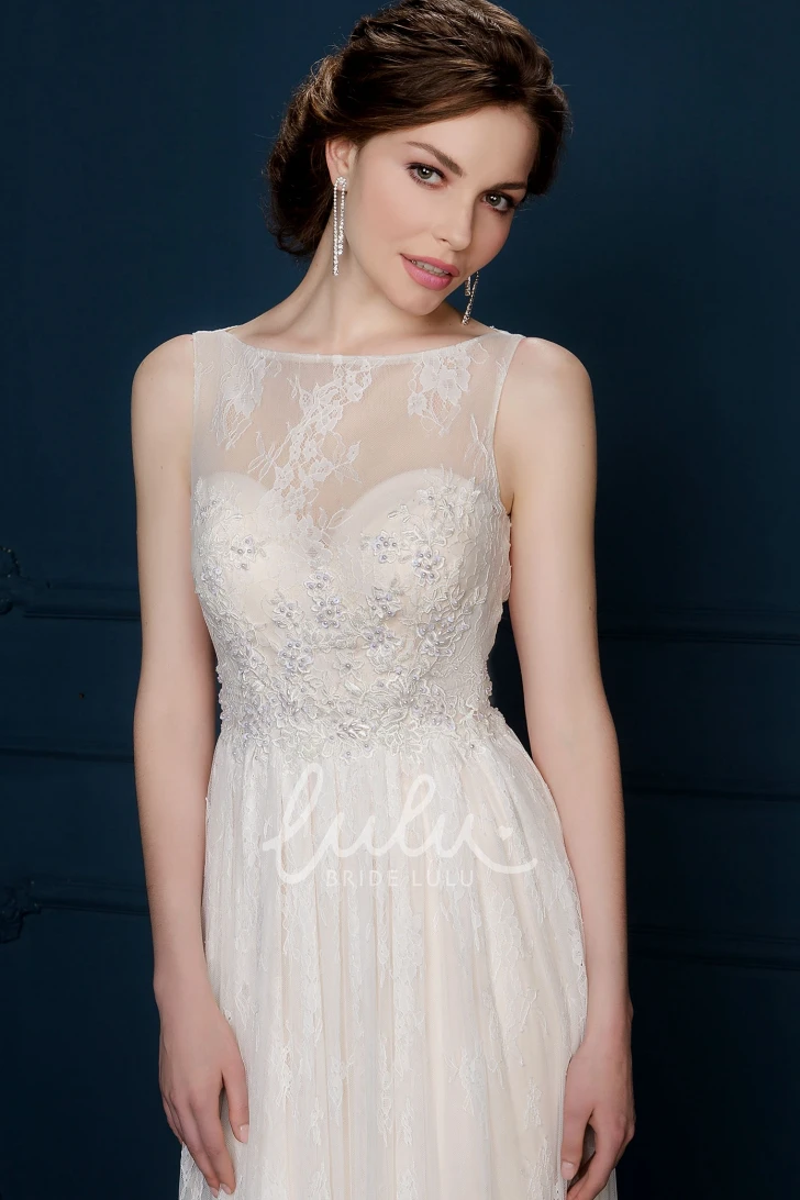 Appliqued Sleeveless A-Line Bridesmaid Dress with Bateau-Neck and Pleats