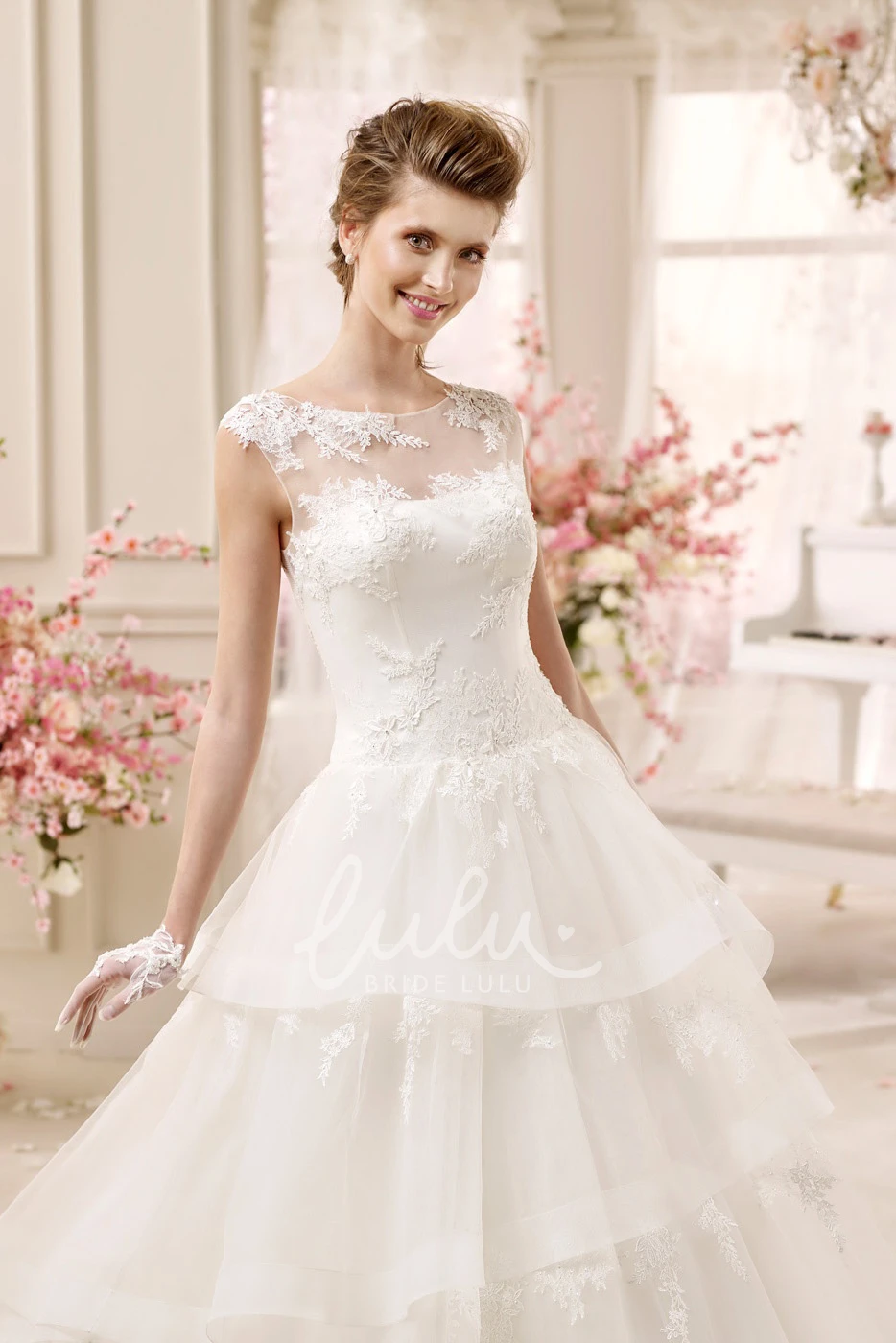 A-line Wedding Dress with Tiers Skirt and Illusive Design Unique Bridal Gown