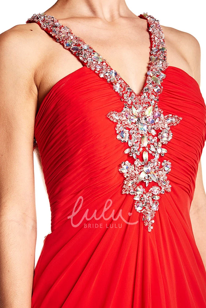 V-Neck Ruched Beaded Chiffon Prom Dress with Straps Prom Dress Women Modern Boho