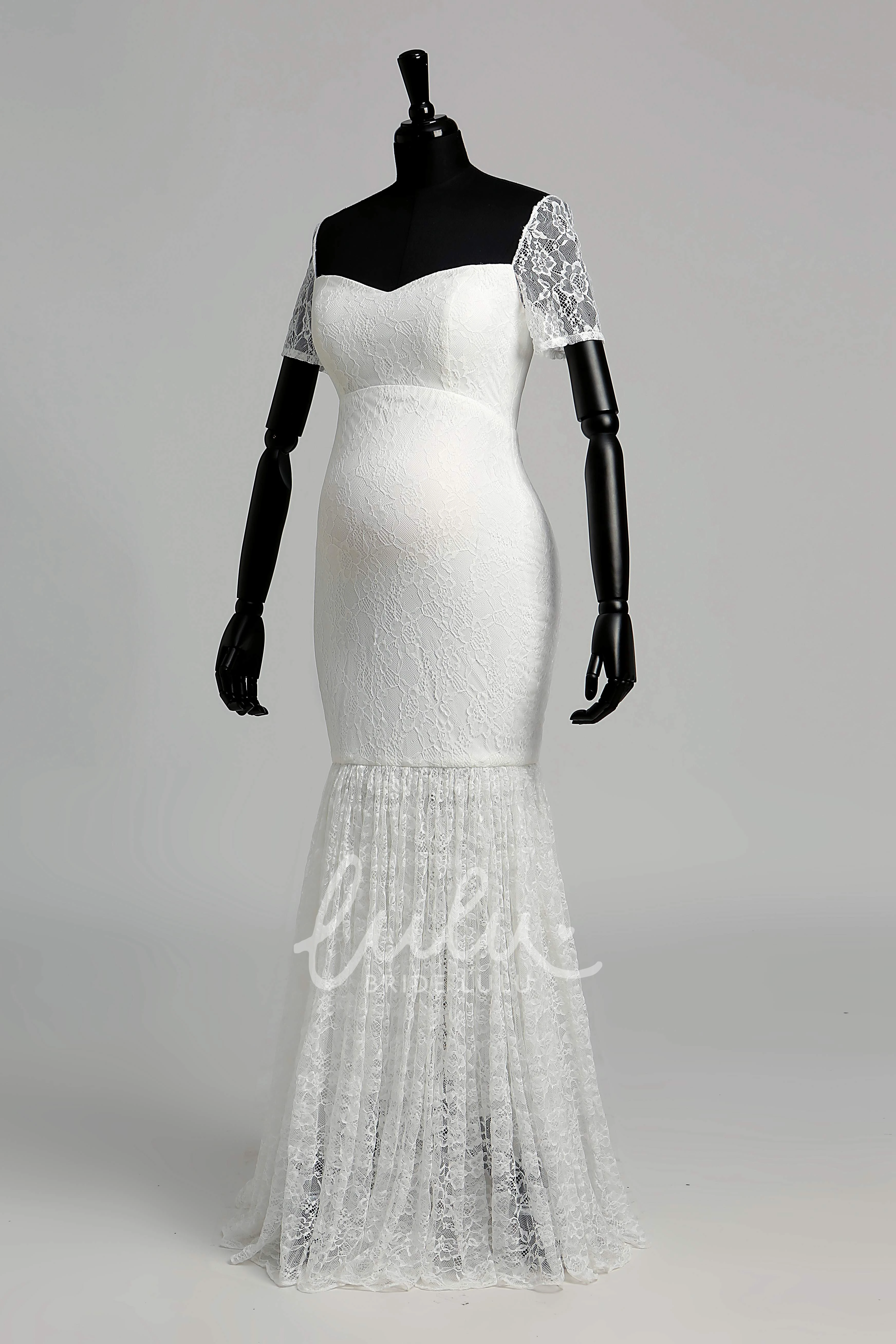 Maternity Wedding Dress Lace Mermaid Off-the-shoulder Illusion Short Sleeve with Pleats