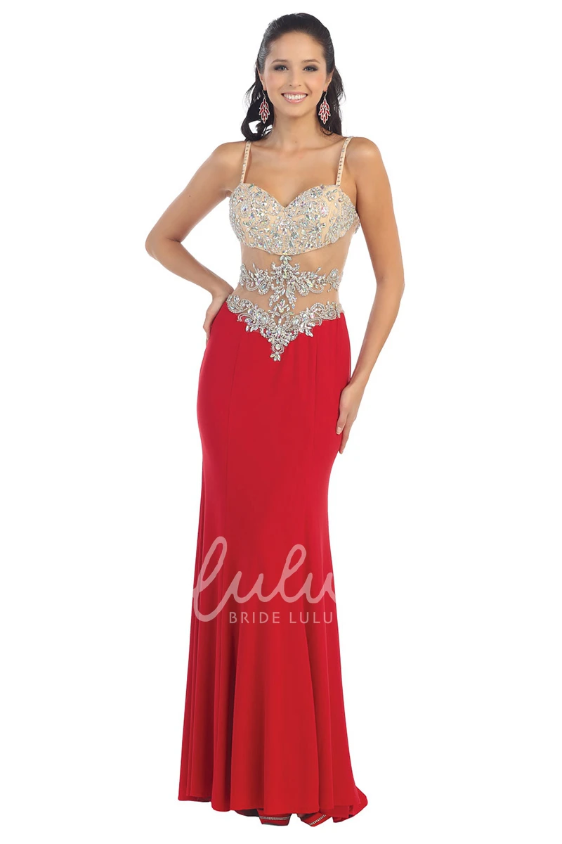 Spaghetti Strap Sheath Jersey Formal Dress with Illusion and Beading