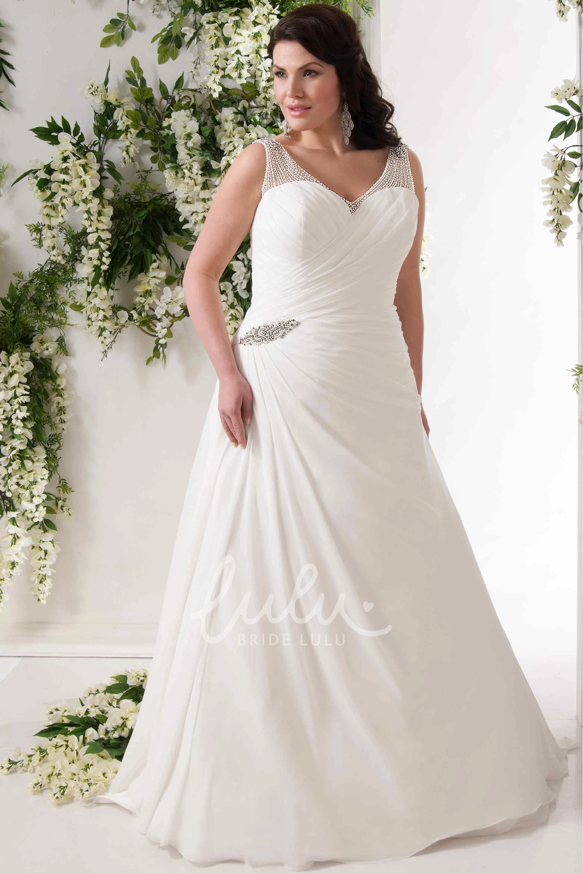 Chiffon A-Line Plus Size Wedding Dress with Beading and Broach V-Neck Draped Sleeveless