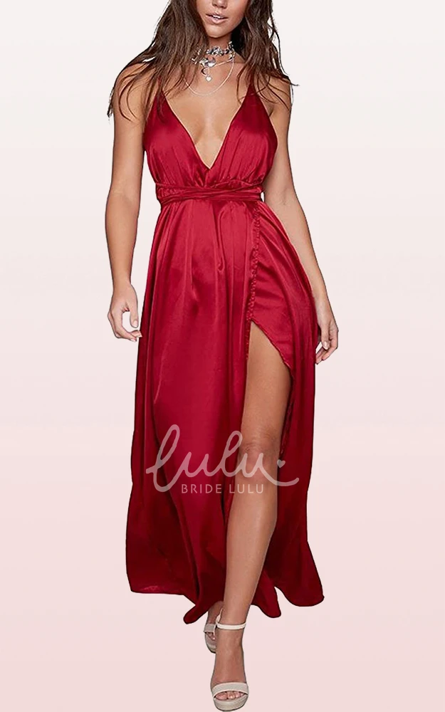 Romantic Satin V-neck A-line Guest Dress with Ruffles and Split Front Formal Dress