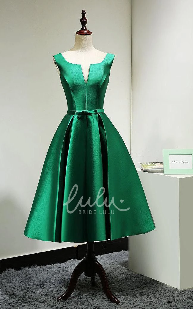 Satin V Neck A-line Tea Length Dress Lace Up Bow Formal Dress