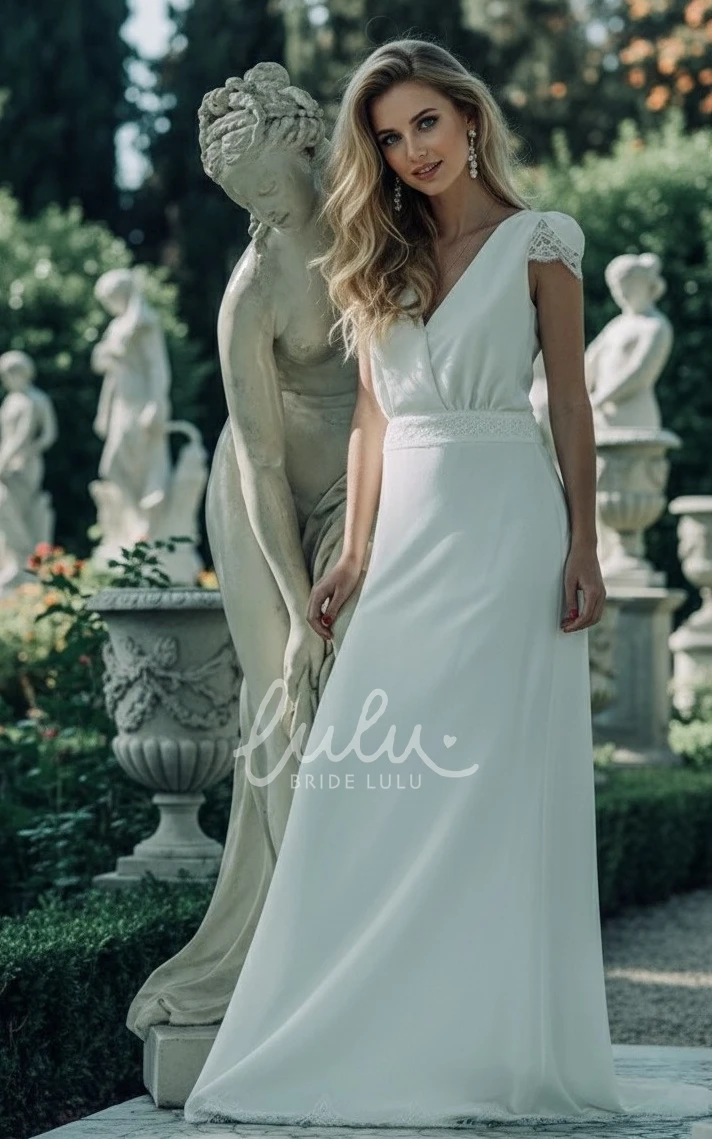 Casual Cap Sleeves A-Line Wedding Dress Boho Lace Bridal Gown with Open Back