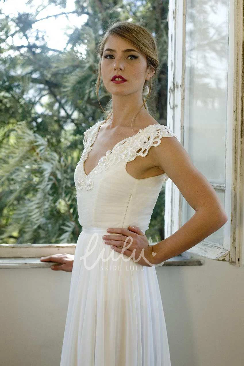 Backless Chiffon Ruched Wedding Dress with Appliqued Cap Sleeves