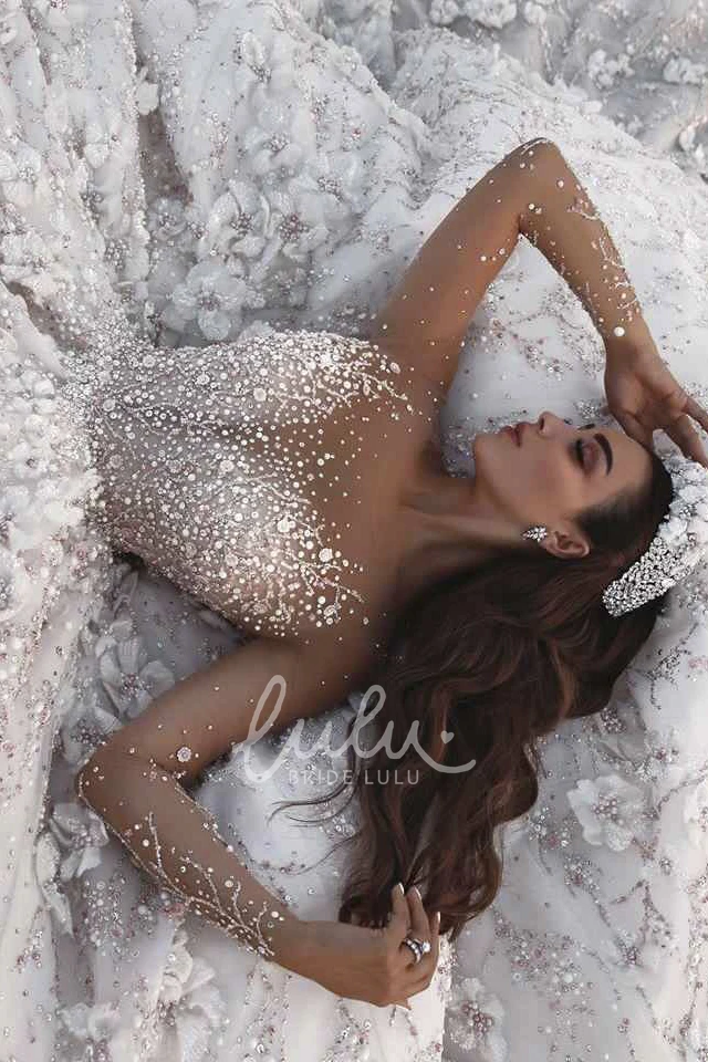 Luxury Bridal Ball Gown Wedding Dress with Appliqued Illusion Long Sleeves and 3D Floral Beading Elegant Wedding Dress