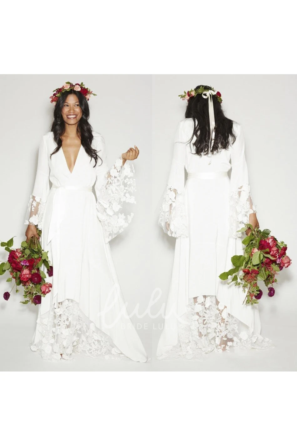 Boho Beach Wedding Dress with Deep V Neck and Long Sleeves