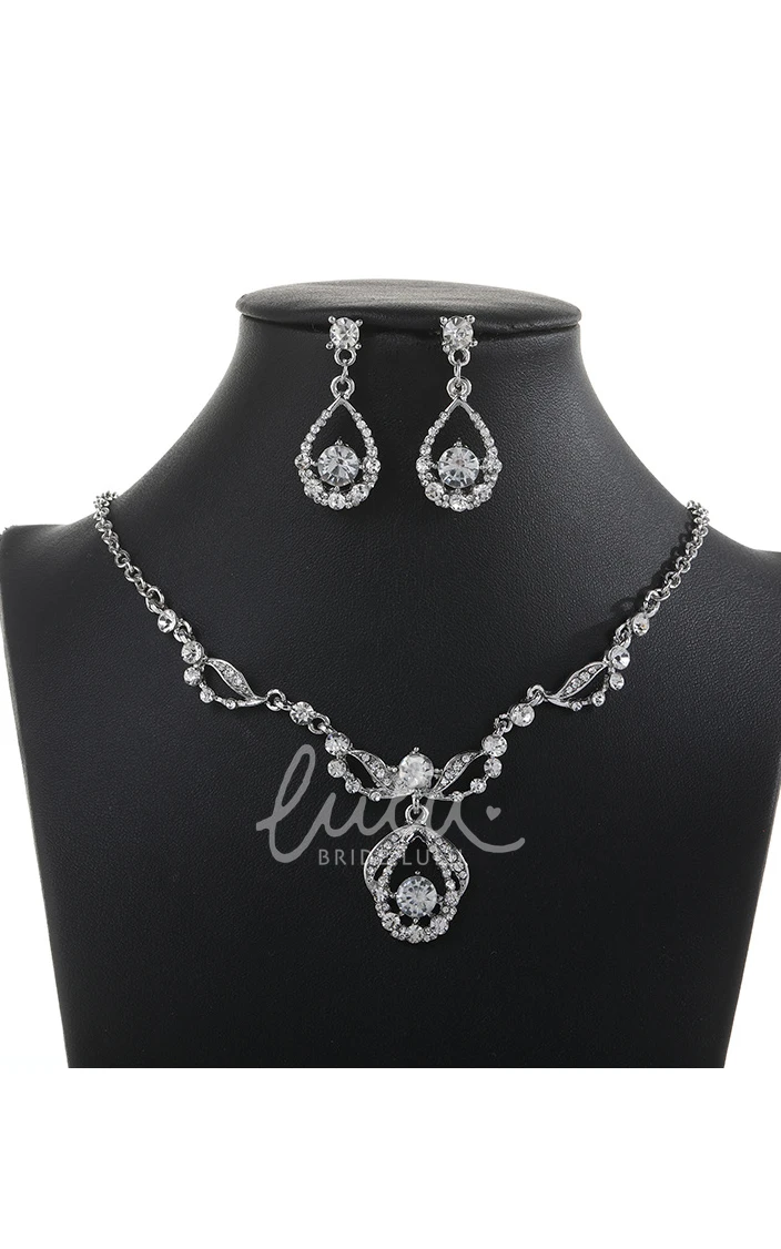 Rose Gold Rhinestone Design Necklace and Earrings Jewelry Set