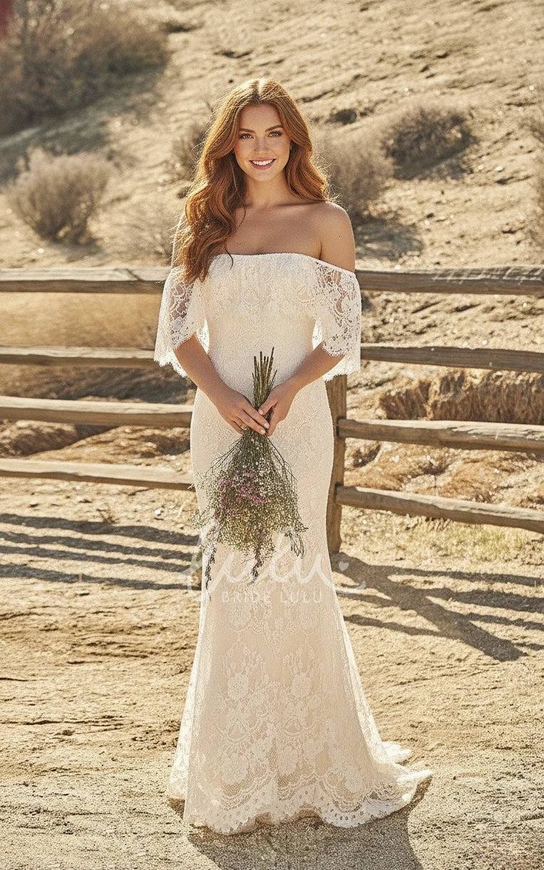 Bohemian Off-the-shoulder Sheath Lace Winter Wedding Dress Draping Short Sleeve Open Back Bridal Gown with Train