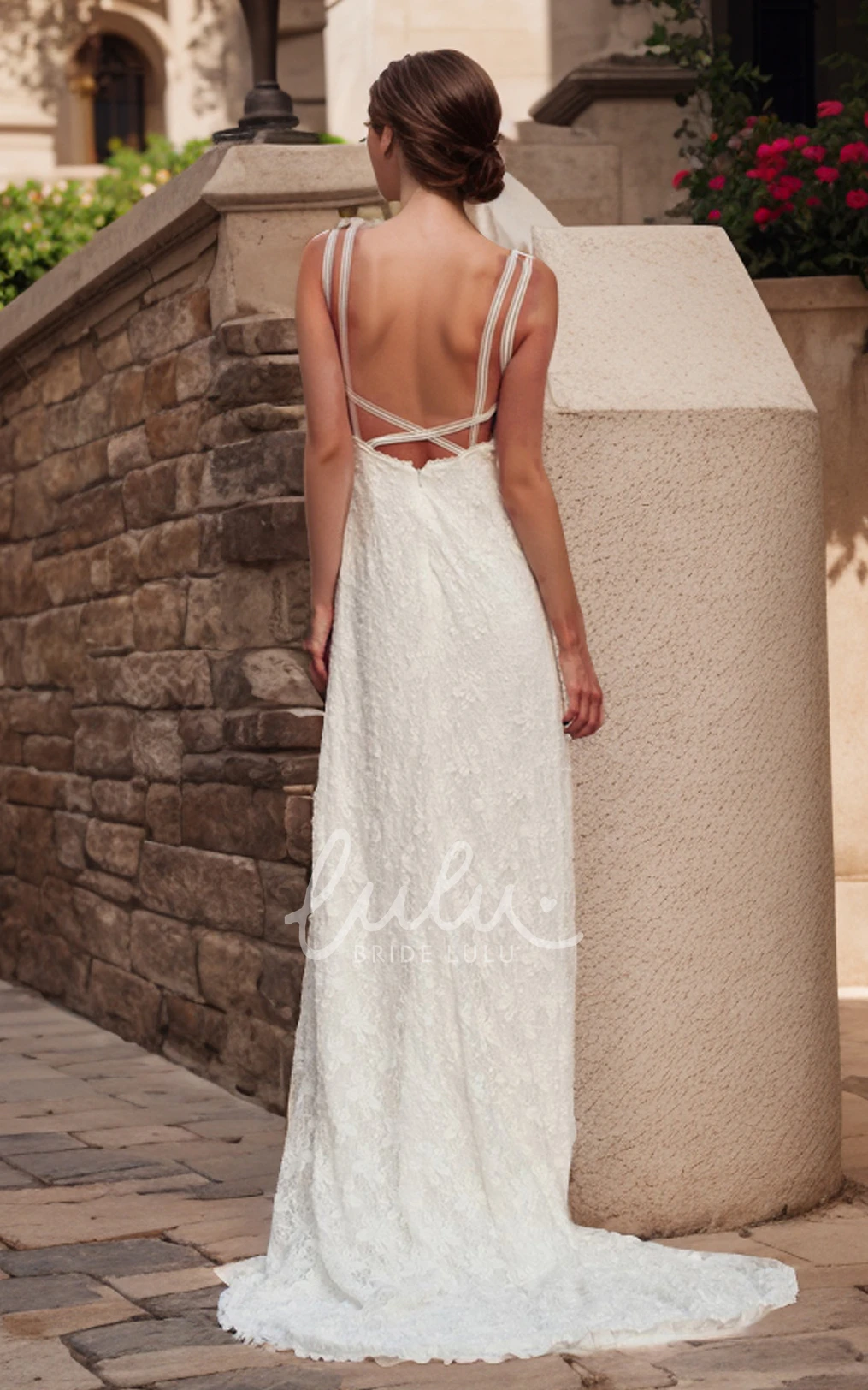Spaghetti Bohemian Lace Sleeveless Sheath Sexy Floor-length Cross Straps Back Split Front Wedding Dress
