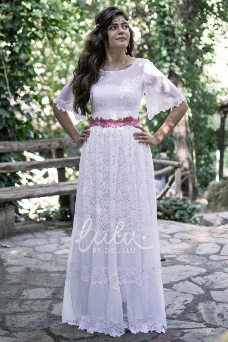 Full Bell-Sleeve Lace Wedding Dress with Bateau Neckline