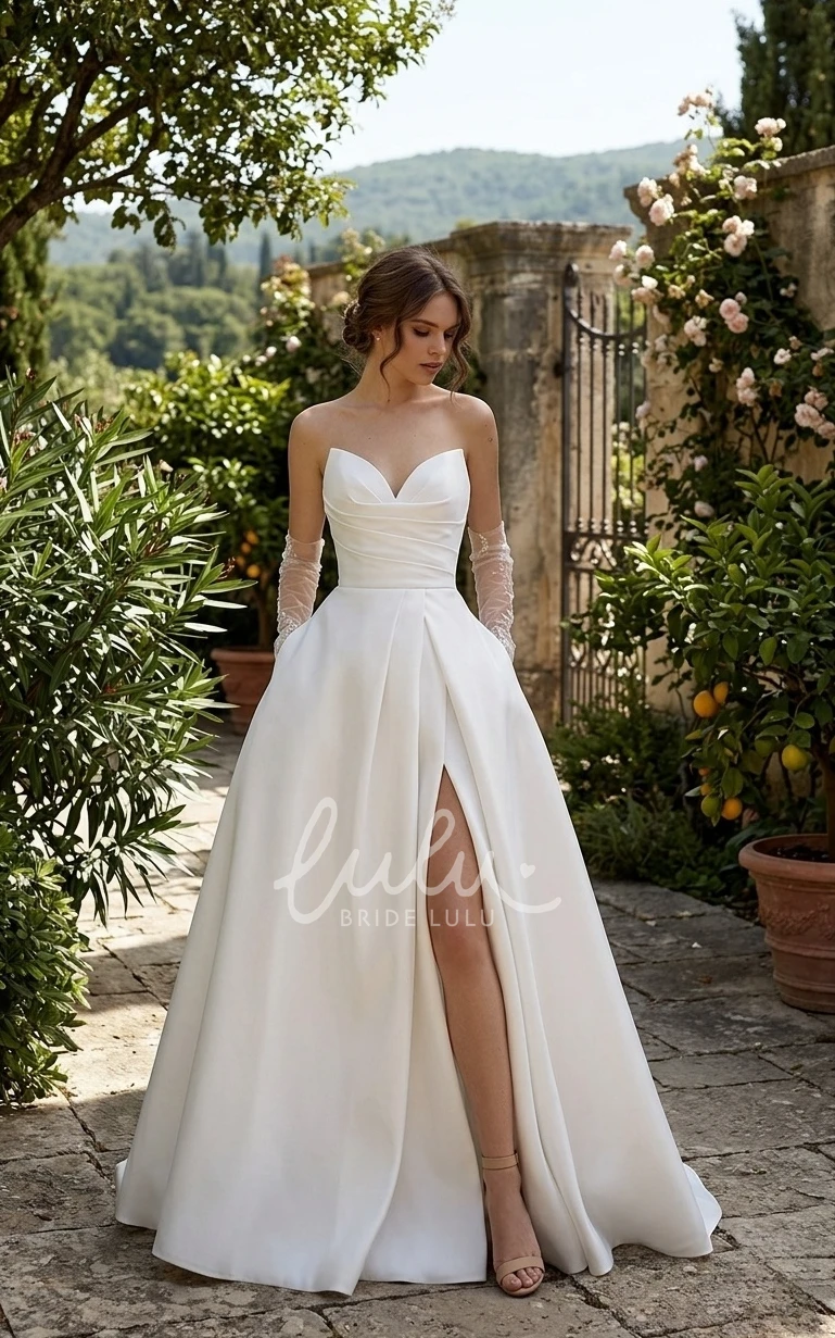 Simple Solid Satin Strapless A-Line V-neck Spring Wedding Dress Sexy Elegant Sleeveless Split Front Floor-length Lace-up Back Bridal Gown with Train