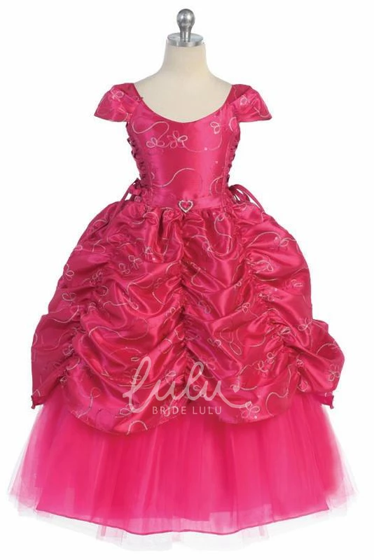 Embroidered Lace Flower Girl Dress with Brooch Ankle-Length Tiered