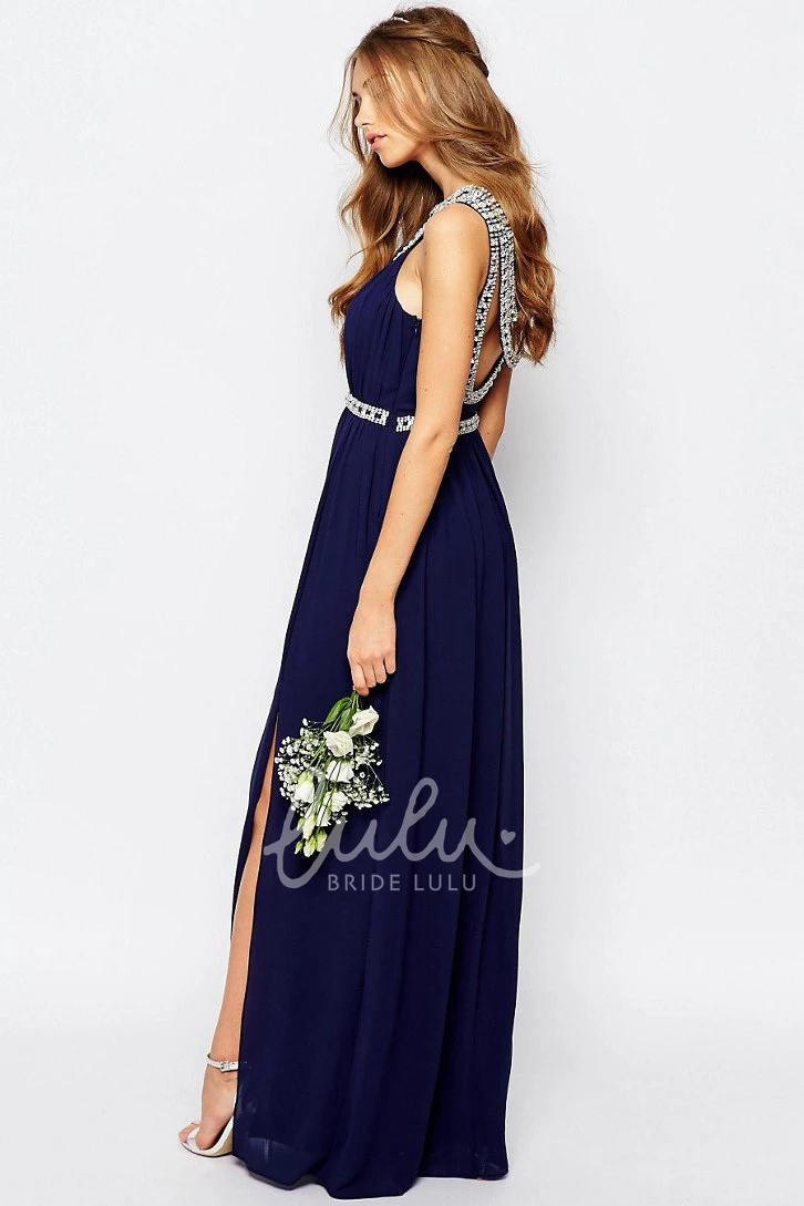 Long Sleeveless Chiffon Bridesmaid Dress A-Line Split Front Ruching