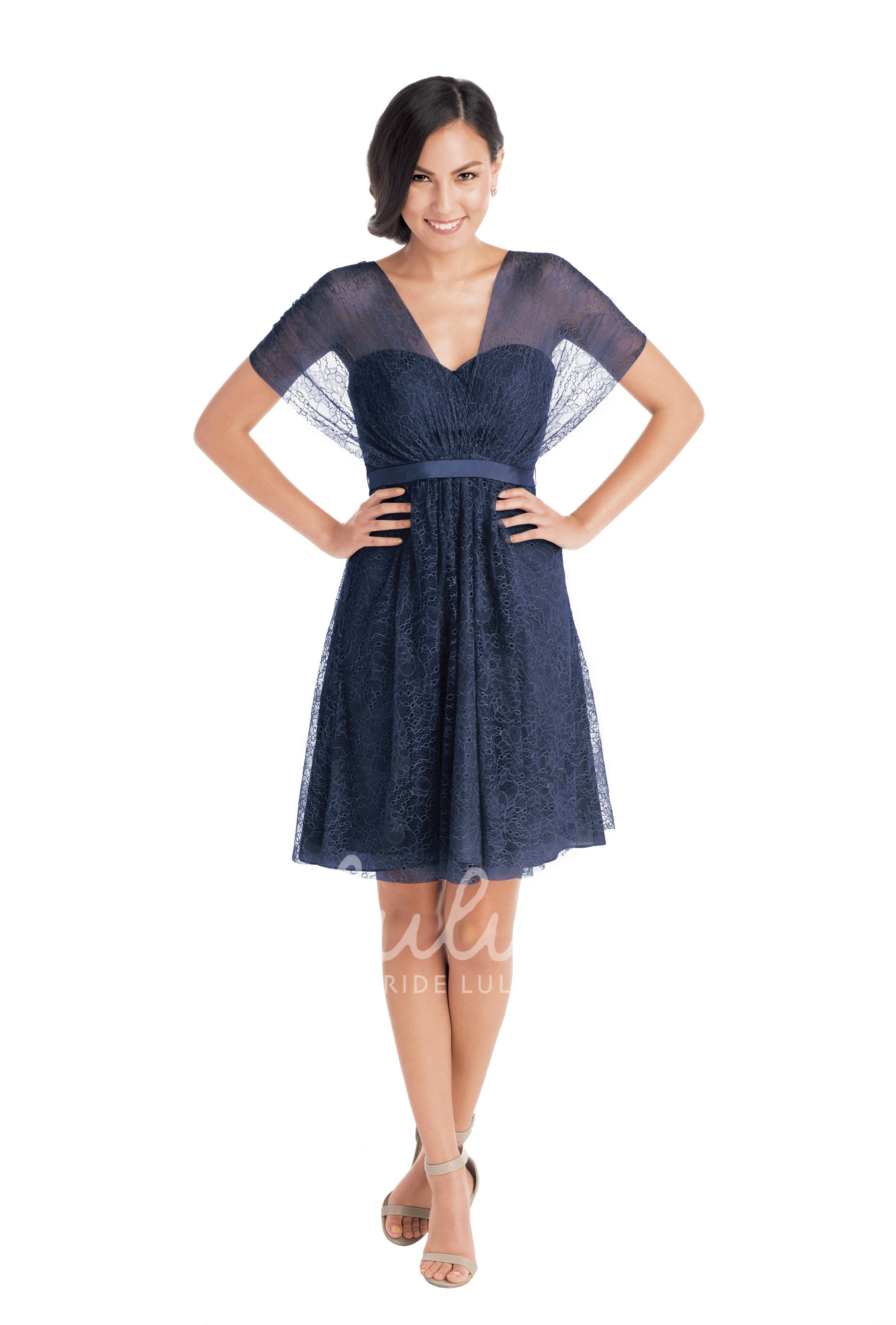 Ribboned Lace Cap Sleeve Sweetheart Short Bridesmaid Dress in Multiple Colors