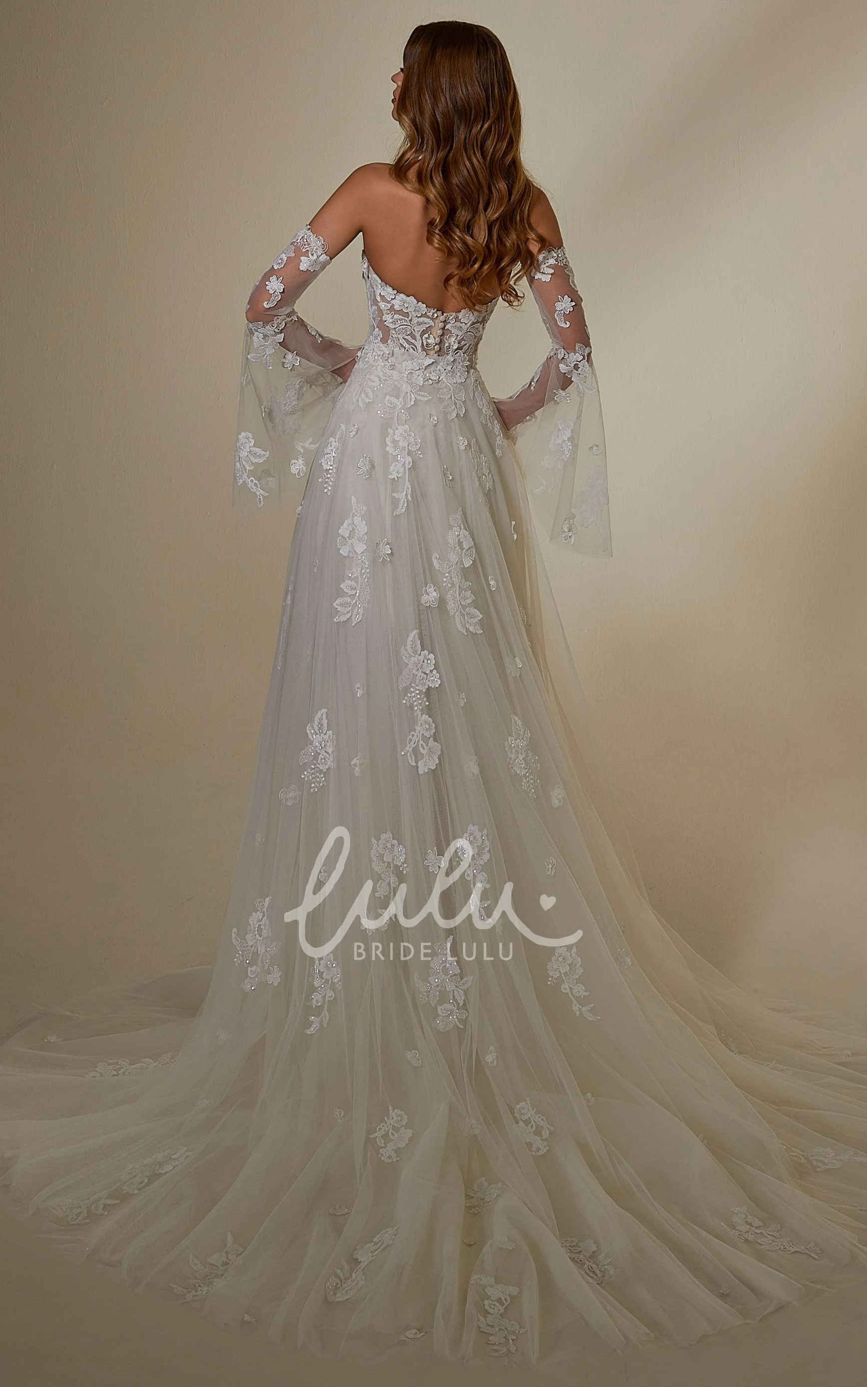 Beautiful Elegant A-Line Removable Boho Sleeved Wedding Dress with Sweep Train and Appliques