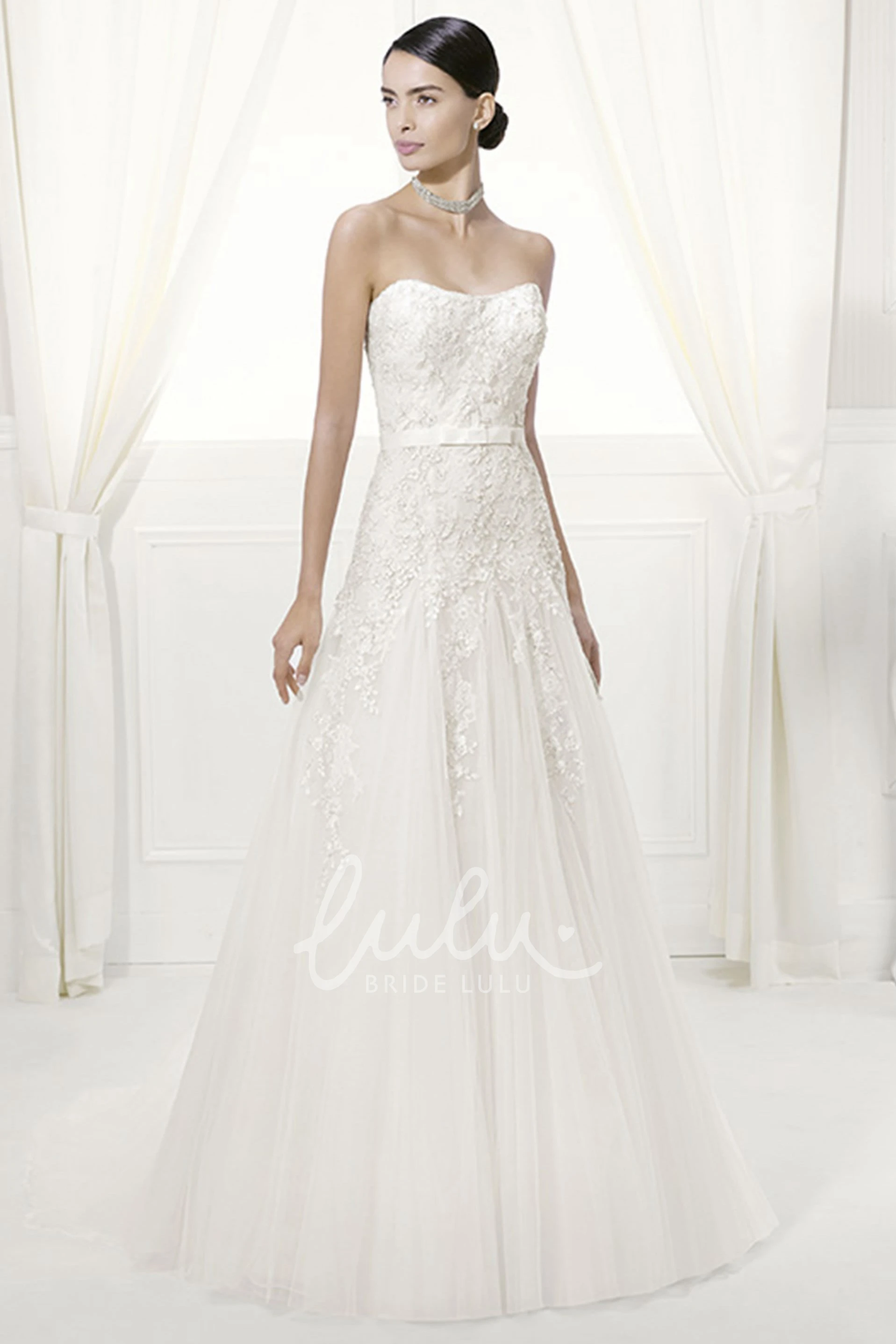 Tulle A-Line Bridal Gown with Belt and Lace Wedding Dress