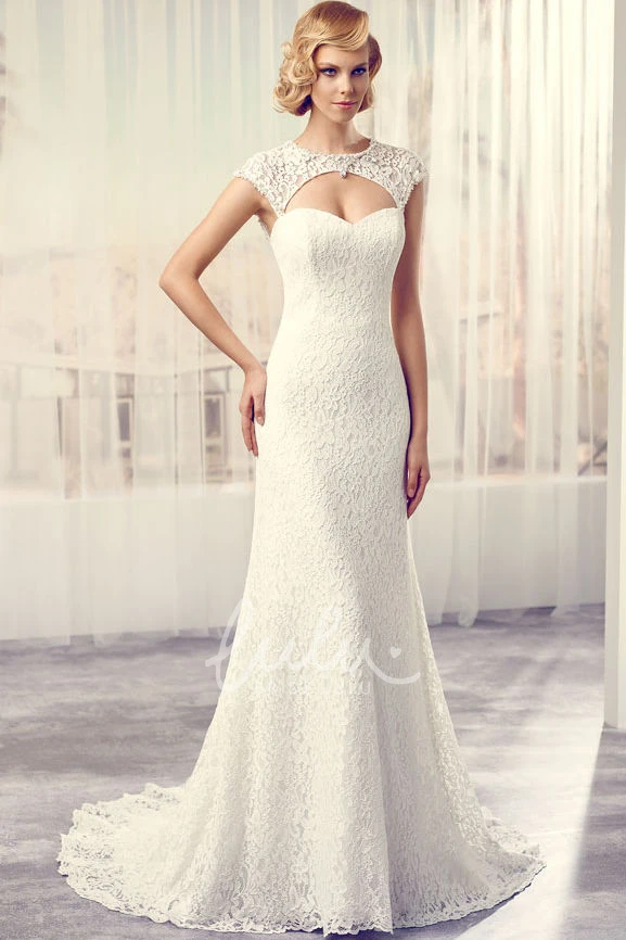 Cap-Sleeve Lace Wedding Dress with Keyhole Back and Court Train Classy Bridal Gown