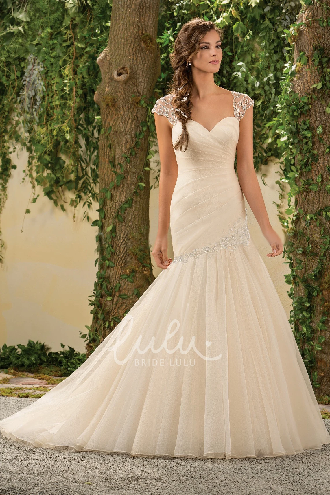 V-Back Cap-Sleeved Mermaid Wedding Dress with Jewels