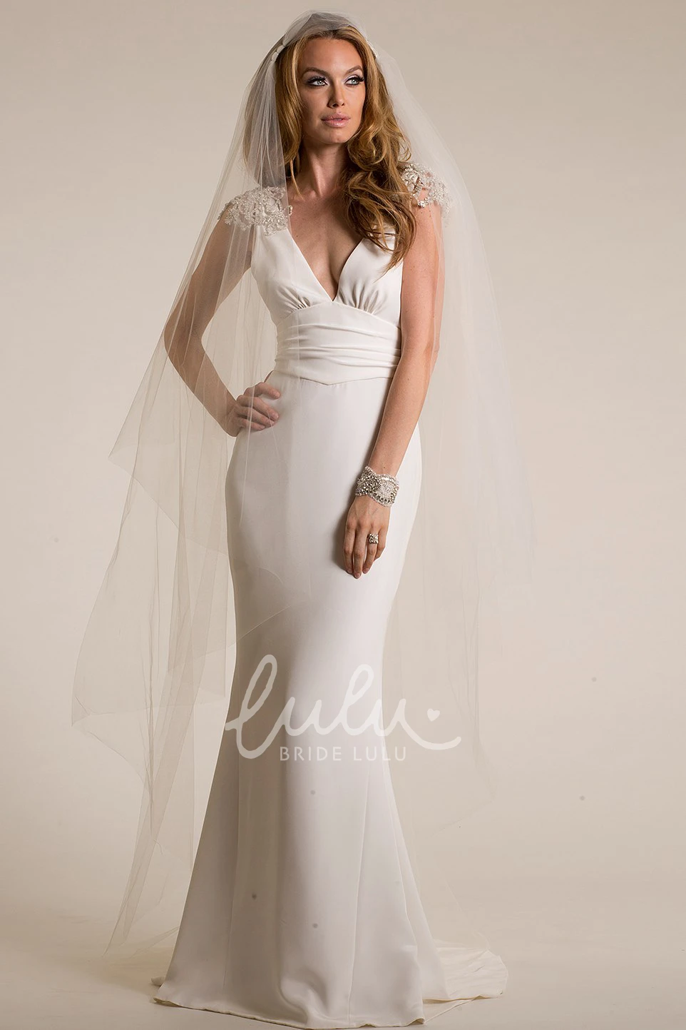 Cap-Sleeve V-Neck Sheath Wedding Dress with Epaulet Elegant Floor-Length Gown