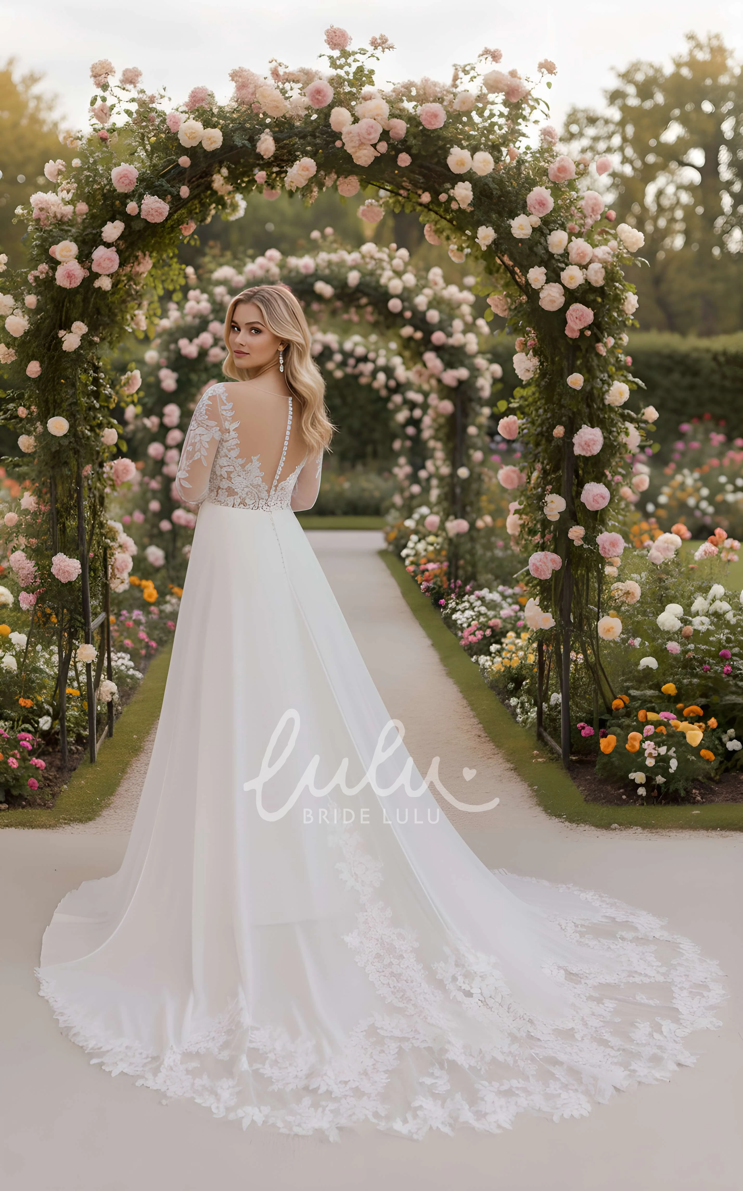 Floral A-Line Lace Long Sleeve Wedding Dress Romantic Illusion Deep V Neck Bridal Gown with Train