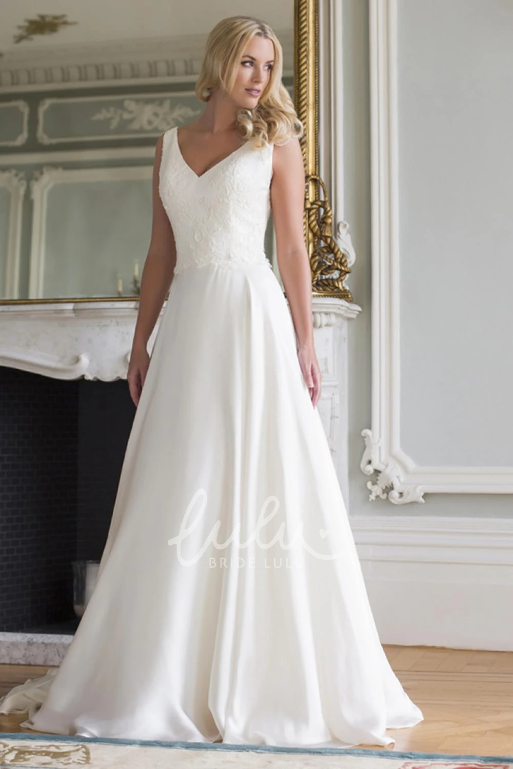 V-Neck A-Line Lace Wedding Dress with Floor-Length
