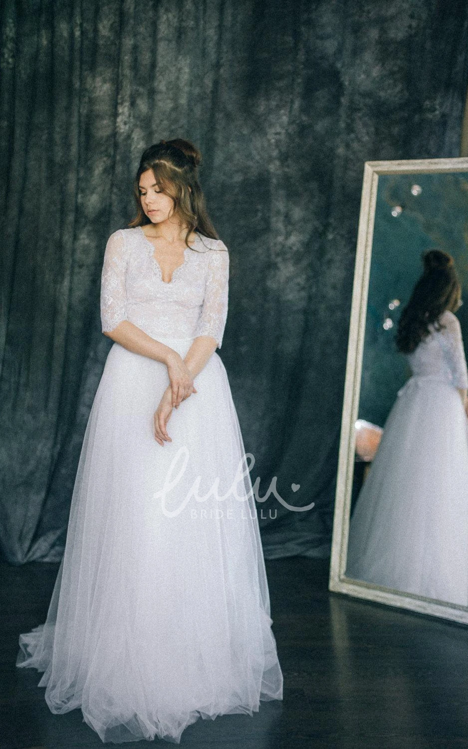 Lace V-Neck Satin Wedding Dress with Tulle Skirt