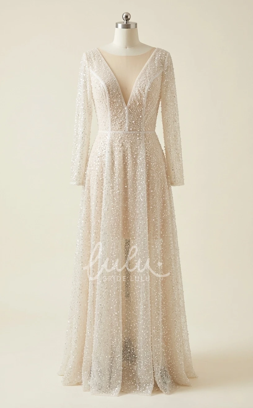 Beach A-Line Long Sleeve Sparkly Wedding Dress Casual Floor Length V-Neck Spring Bridal Gown
