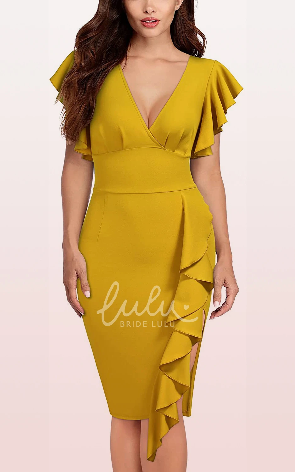 Short Sleeve Taffeta Ruffle Pencil Formal Dress with Modern Zipper