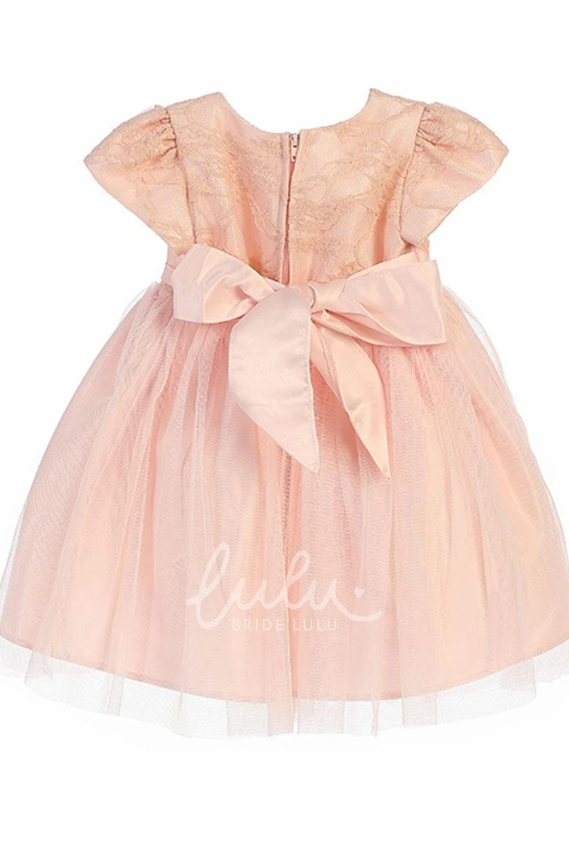Lace and Satin Tea-Length Flower Girl Dress with Bow