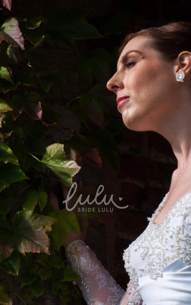 Lace Sleeve A-Line Taffeta Wedding Dress V-Neck