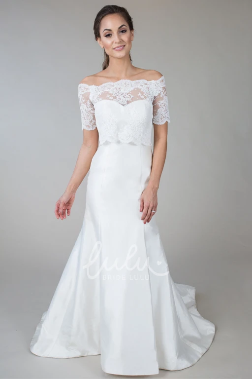 Short-Sleeve Off-The-Shoulder Satin&Lace Wedding Dress With Illusion Off-Shoulder Satin & Lace Short-Sleeve Wedding Dress