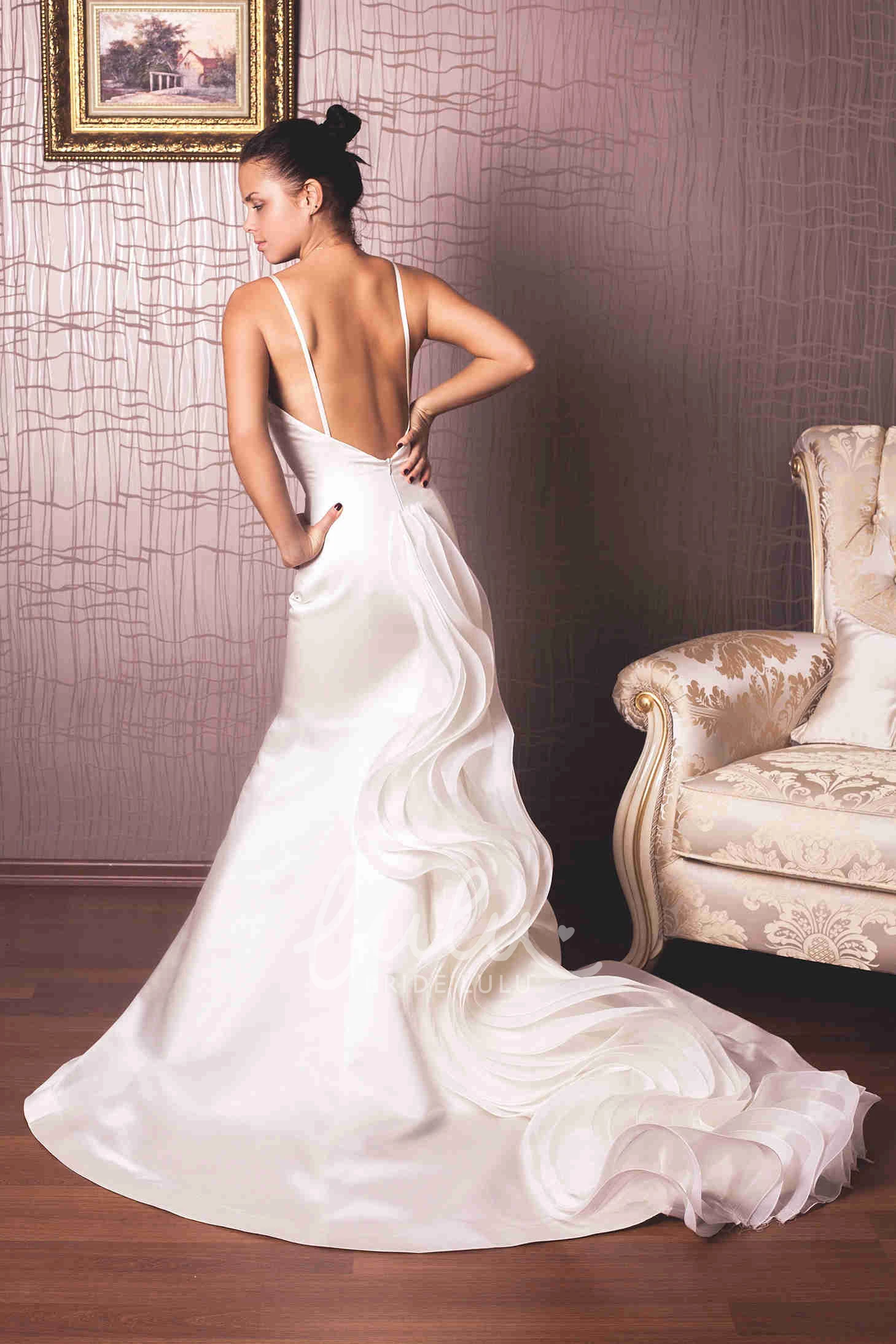 Spaghetti Trumpet Satin Wedding Dress Sleeveless Ruffled