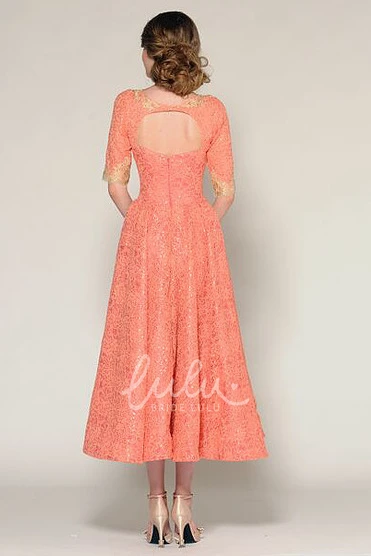 Beaded Lace Tea-Length A-Line Prom Dress with Half Sleeves