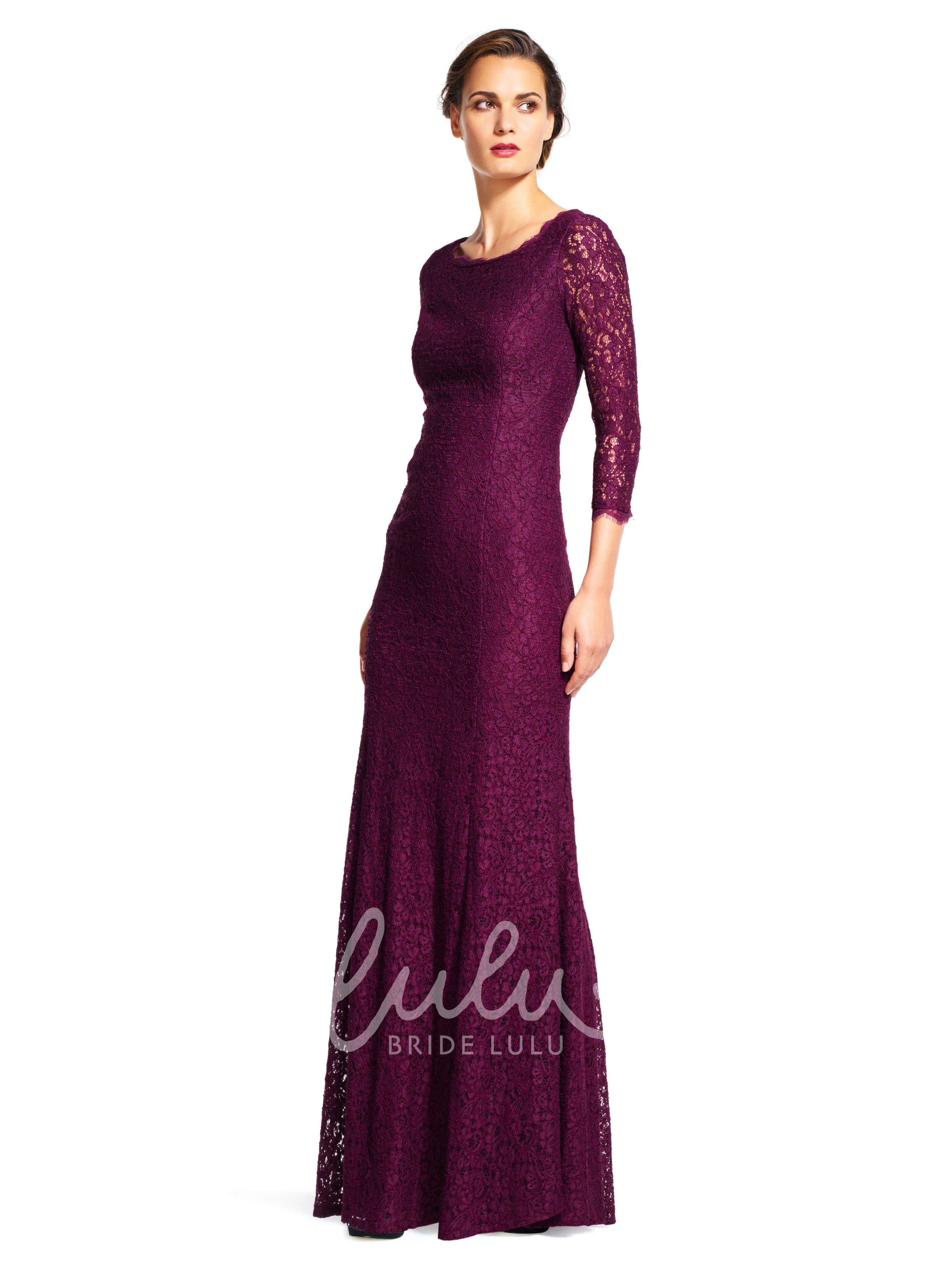 Lace Sheath Bridesmaid Dress with 3/4 Sleeves and V-Back Maxi
