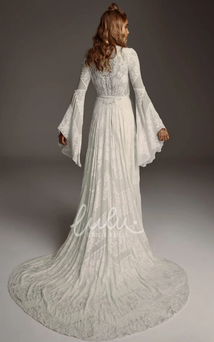 Ethereal Country Boho Lace A-Line Long Sleeve Wedding Dress Floral Elegant Rustic V-Neck Sashed Appliqued Barn Bridal Gown