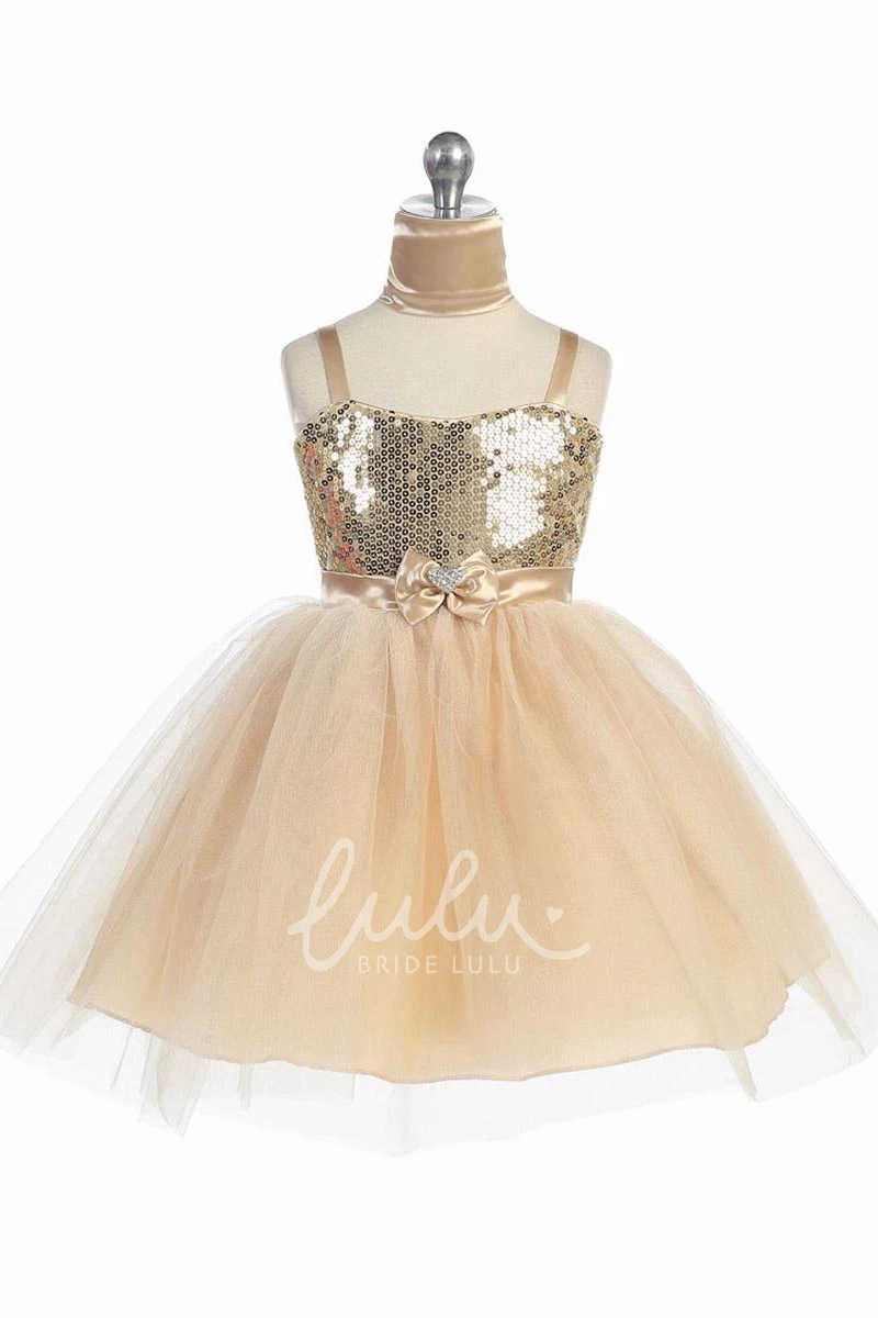 Cape Beaded Tulle Flower Girl Dress with Ribbon Midi Prom Dress