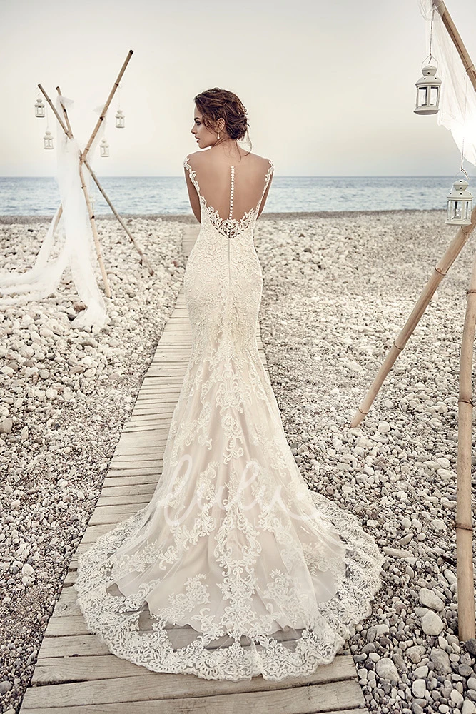 Lace V-Neck Cap-Sleeve Wedding Dress with Illusion Sheath Style