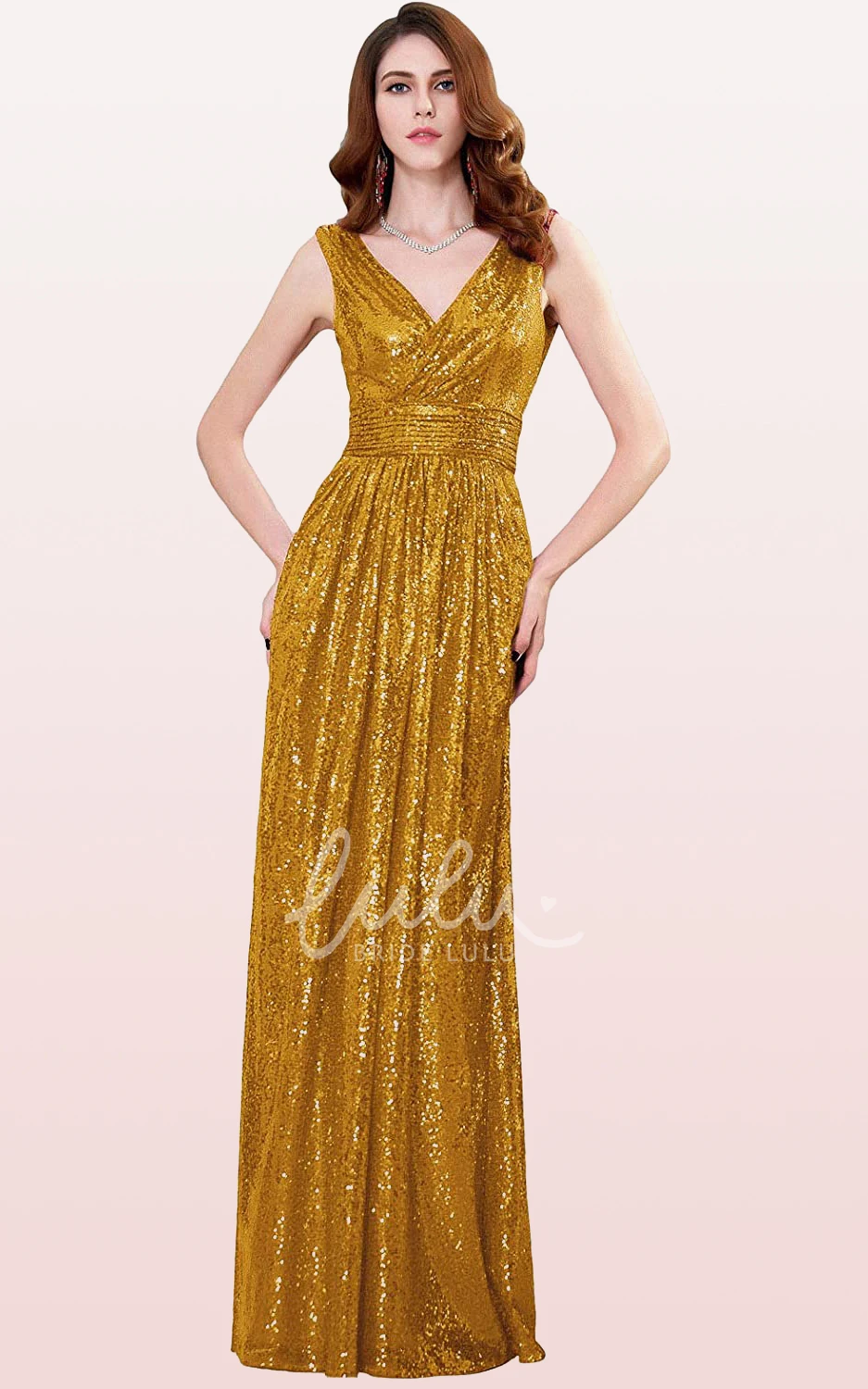 V-Neck A-Line Sequin Bridesmaid Dress with Ruching Floor-Length